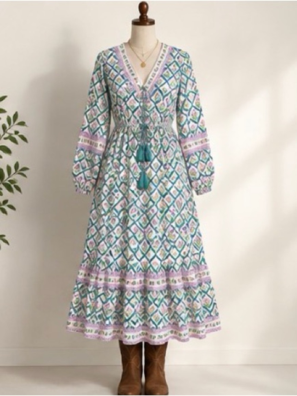 Floral Boho Pastel Dress Long Sleeve Tiered Tassel L Whimsical Grandmacore NWT